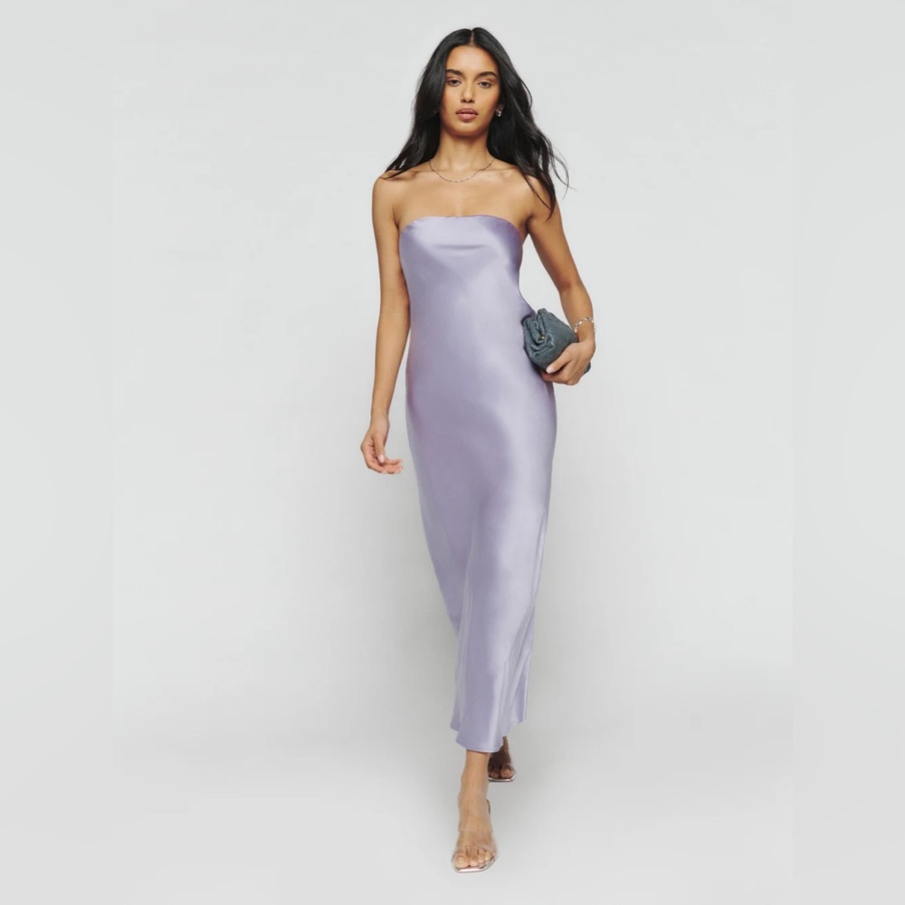 Reformation lavender silk strapless midi dress.